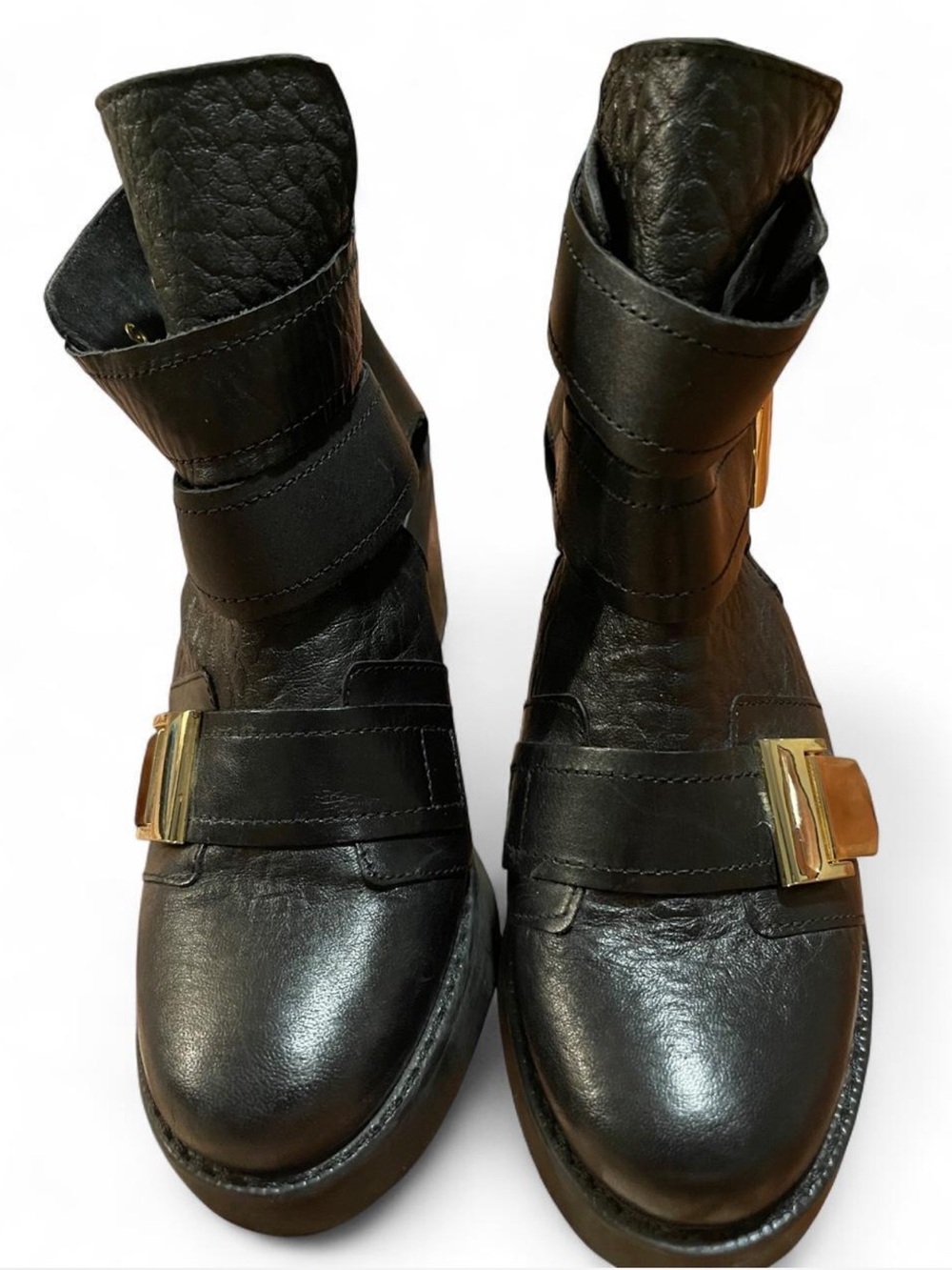 Topshop Black Leather Anckle Boots with Gold Buckles